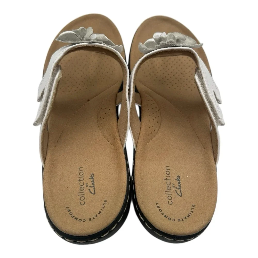 Clarks Laurieann Gema Sandals Women Sz 10 M White Floral Strappy Thong Flip Flop